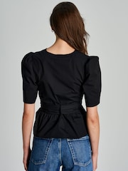 Ganni Black Washed Stretch Cotton Tie Strap Blouse - Image 7 of 8