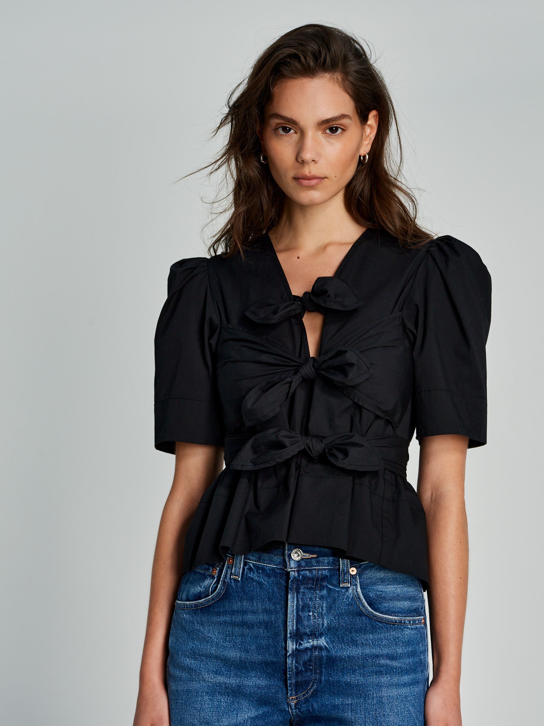 Ganni Black Washed Stretch Cotton Tie Strap Blouse | Seasons