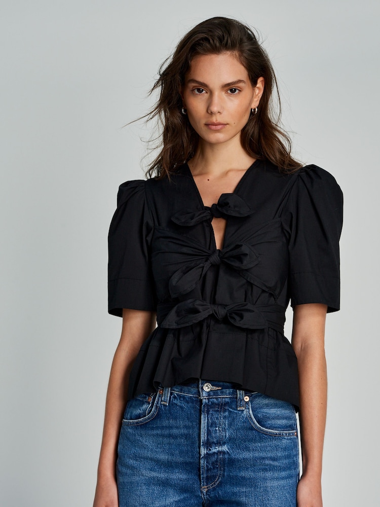 Ganni Black Washed Stretch Cotton Tie Strap Blouse - Image 8 of 8