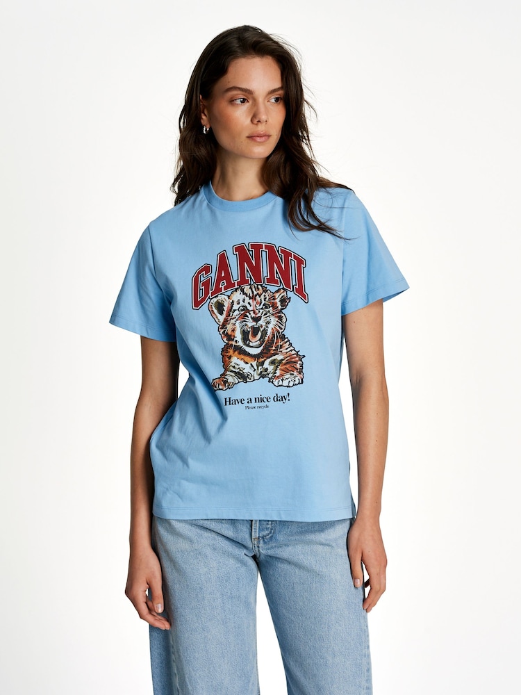 Ganni Blue Basic Jersey Tiger Print Relaxed T-Shirt - Image 1 of 4