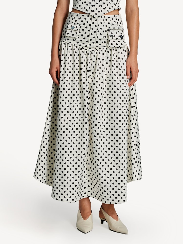 Ganni White Printed Double Satin Long Pocket Skirt - Image 1 of 6