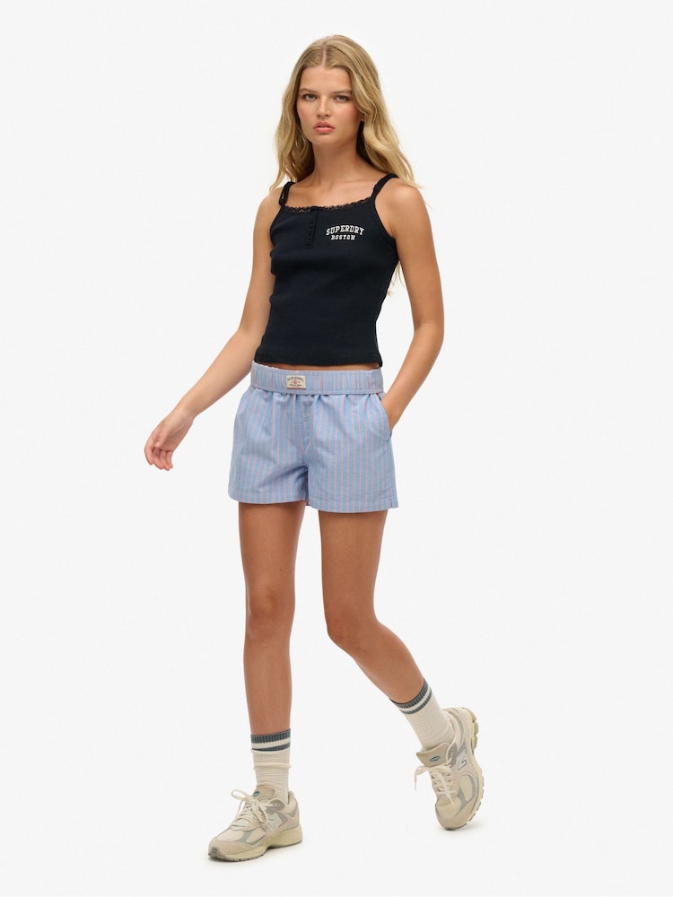 Superdry Blue/Pink Stripe Elastic 100% Cotton Shorts - Image 1 of 4 Superdry Blue/Pink Stripe Elastic 100% Cotton Shorts - Image 1 of 4