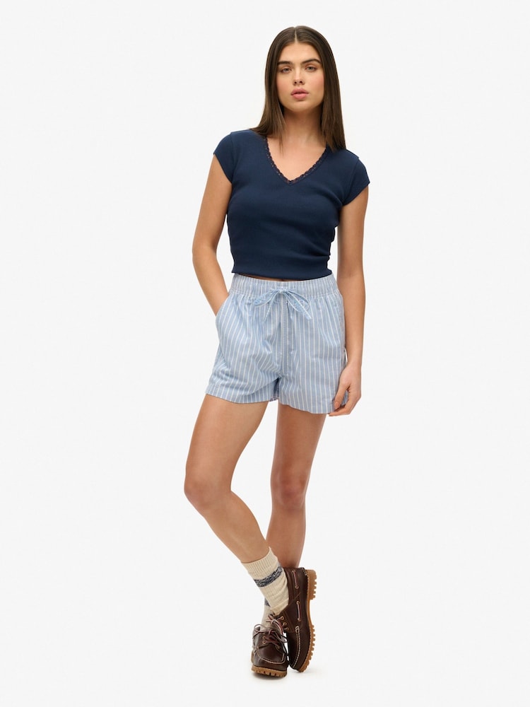 Superdry Blue/White Stripe Elastic 100% Cotton Shorts - Image 1 of 5