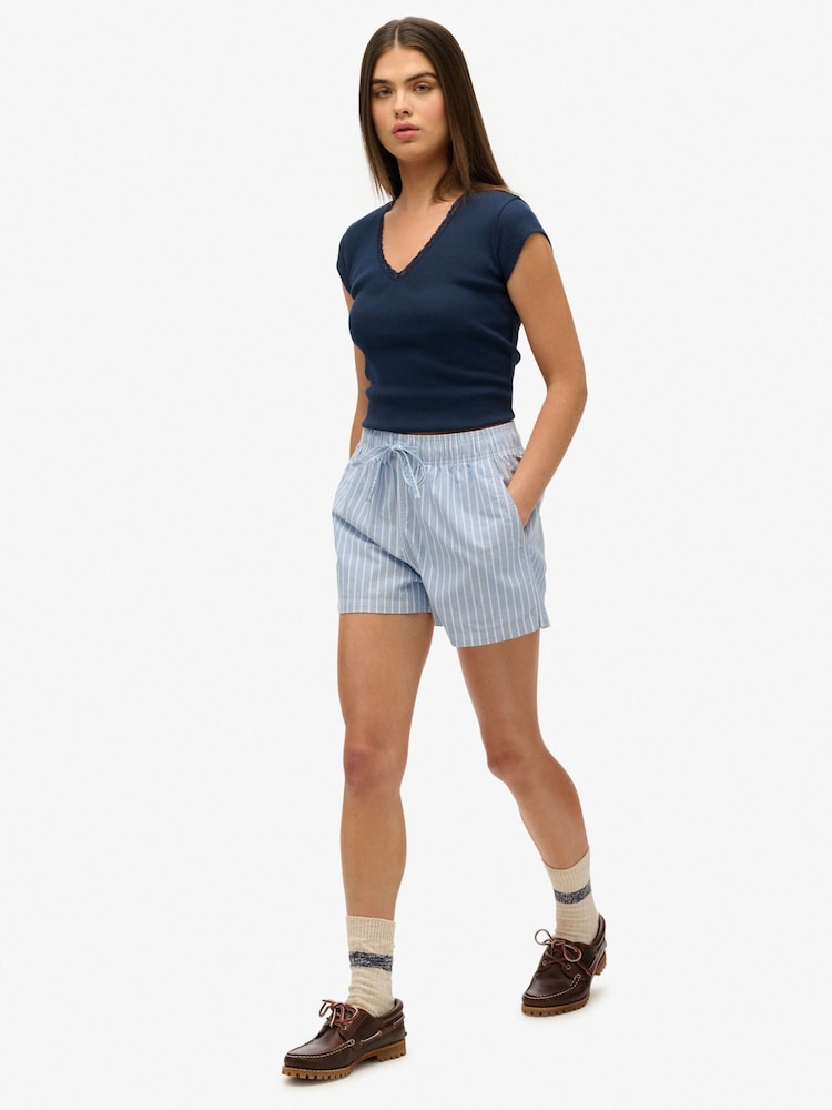 Superdry Blue/White Stripe Elastic 100% Cotton Shorts - Image 3 of 5