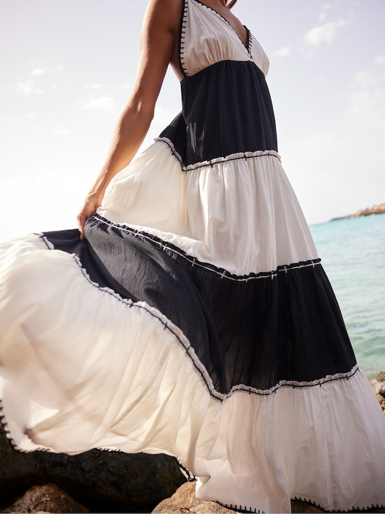 Ro&Zo Black Mono Colourblock V-Neck Maxi 100% Cotton Dress - Image 3 of 7