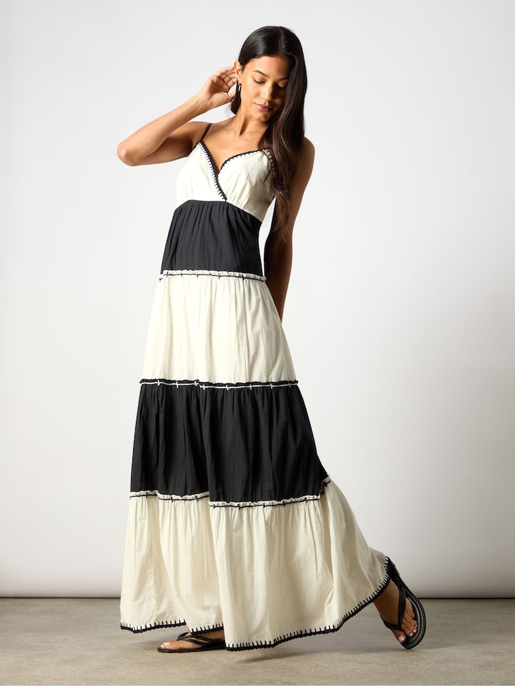 Ro&Zo Black Mono Colourblock V-Neck Maxi 100% Cotton Dress - Image 4 of 7