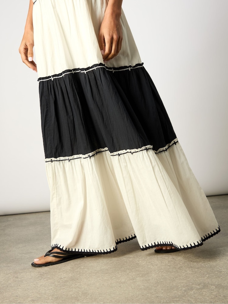 Ro&Zo Black Mono Colourblock V-Neck Maxi 100% Cotton Dress - Image 6 of 7
