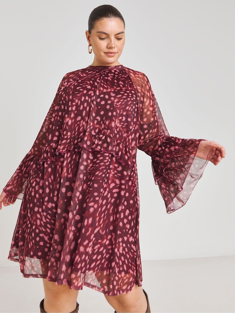 Simply Be Burgundy Printed Romantic Frill Mesh Smock Dress - Image 1 of 4