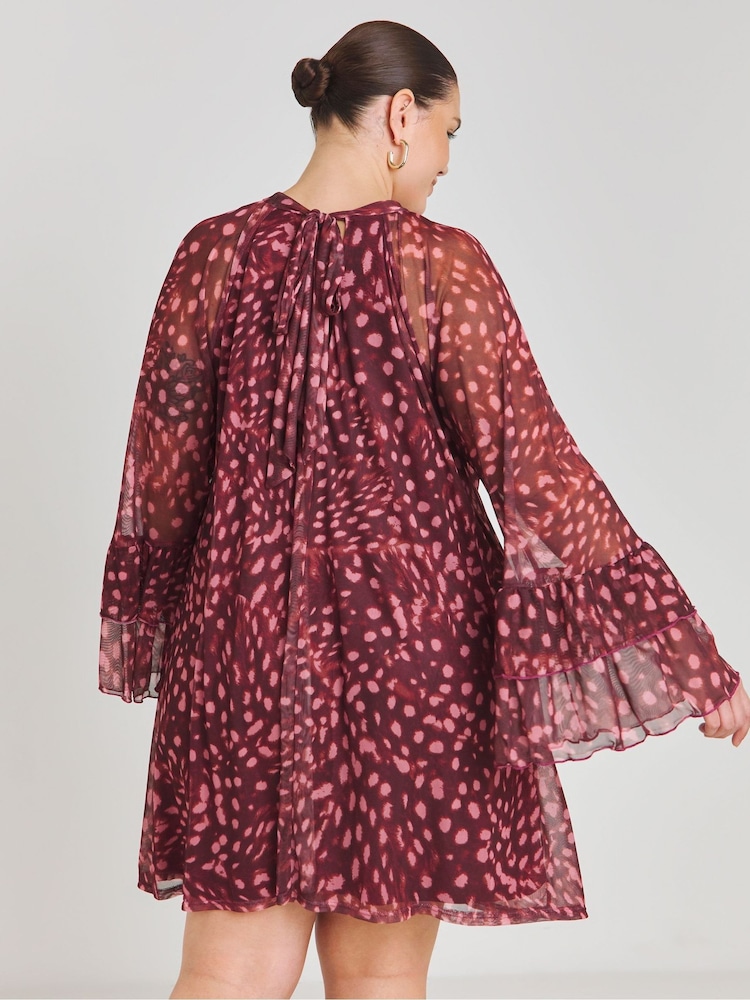 Simply Be Burgundy Printed Romantic Frill Mesh Smock Dress - Image 2 of 4