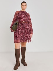 Simply Be Burgundy Printed Romantic Frill Mesh Smock Dress - Image 3 of 4