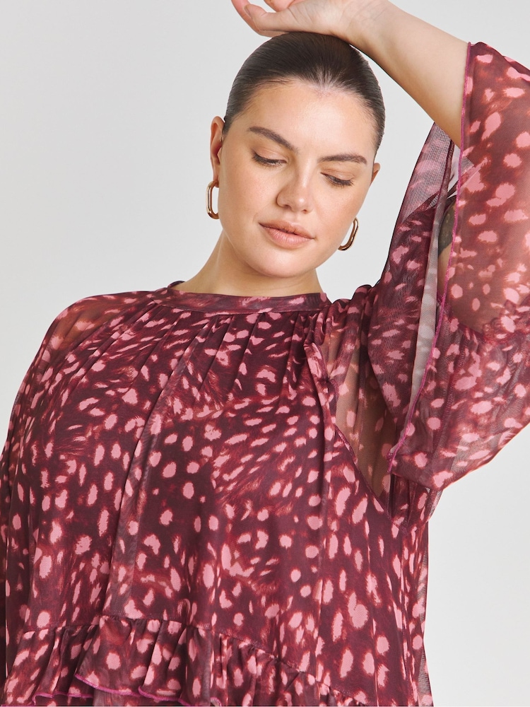Simply Be Burgundy Printed Romantic Frill Mesh Smock Dress - Image 4 of 4