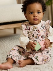 Pink Floral Baby Print Long Sleeve Bodysuit and Cord Dungarees 2 Piece Set (0mths-2yrs) - Image 1 of 4