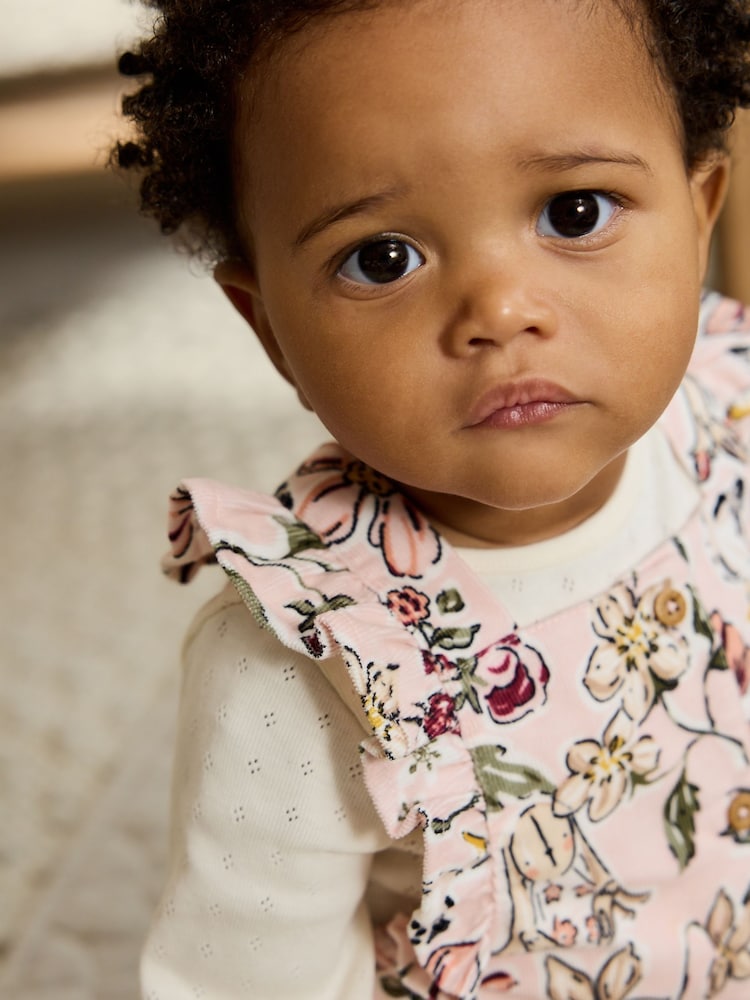 Pink Floral Baby Print Long Sleeve Bodysuit and Cord Dungarees 2 Piece Set (0mths-2yrs) - Image 4 of 4