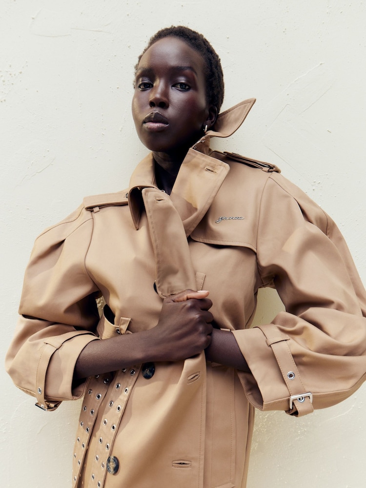 Ganni Brown Bonded Cotton Trench Coat - Image 2 of 4