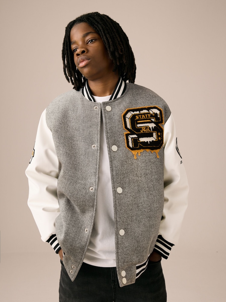 Grey and White Varsity Bomber Jacket (3-16yrs) - Image 1 of 10 Grey and White Varsity Bomber Jacket (3-16yrs) - Image 1 of 10