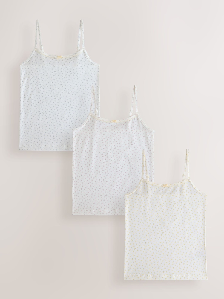 Ecru Floral Strappy Printed Cami Vests 3 Pack (1.5-16yrs) - Image 1 of 7 Ecru Floral Strappy Printed Cami Vests 3 Pack (1.5-16yrs) - Image 1 of 7