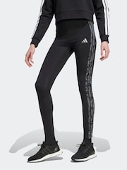 adidas Black Grey Animal Print 3-Stripes High Rise Cotton Leggings - Image 1 of 6
