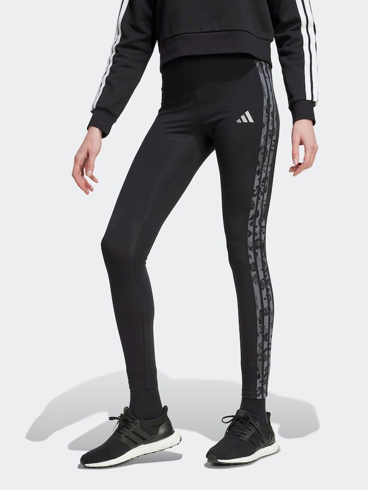 adidas Black Grey Animal Print 3-Stripes High Rise Cotton Leggings - Image 1 of 6