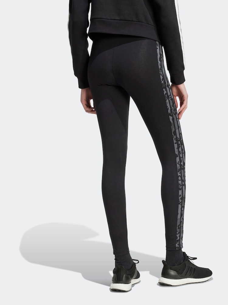 adidas Black Grey Animal Print 3-Stripes High Rise Cotton Leggings - Image 2 of 6