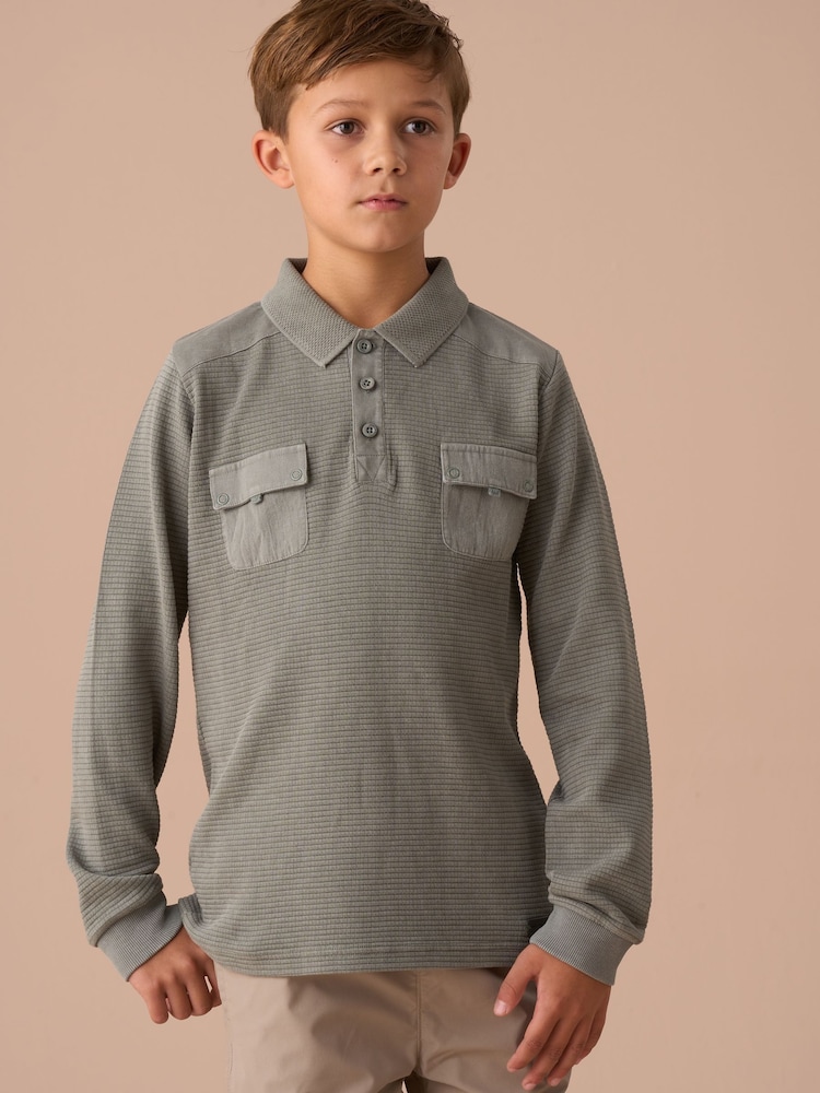 Angel & Rocket Green Finn Textured Long Sleeve Polo Shirt - Image 1 of 6
