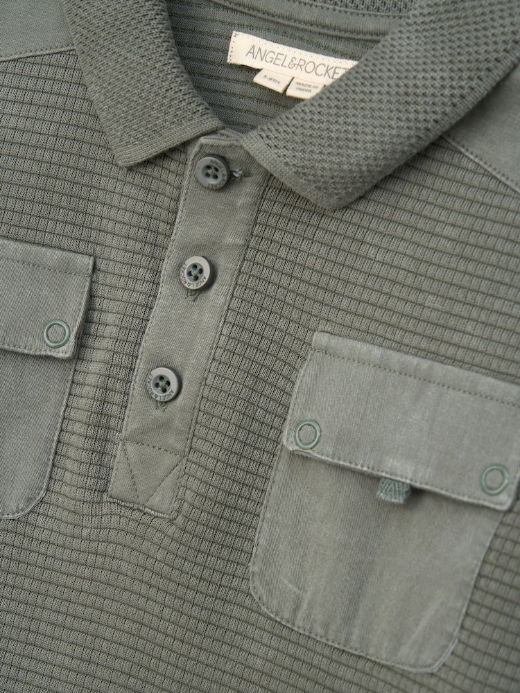 Angel & Rocket Green Finn Textured Long Sleeve Polo Shirt - Image 6 of 6