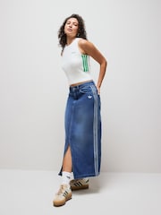 adidas Originals Blue Adicolour 3-Stripes Denim Midi Pencil 100% Cotton Skirt - Image 1 of 8