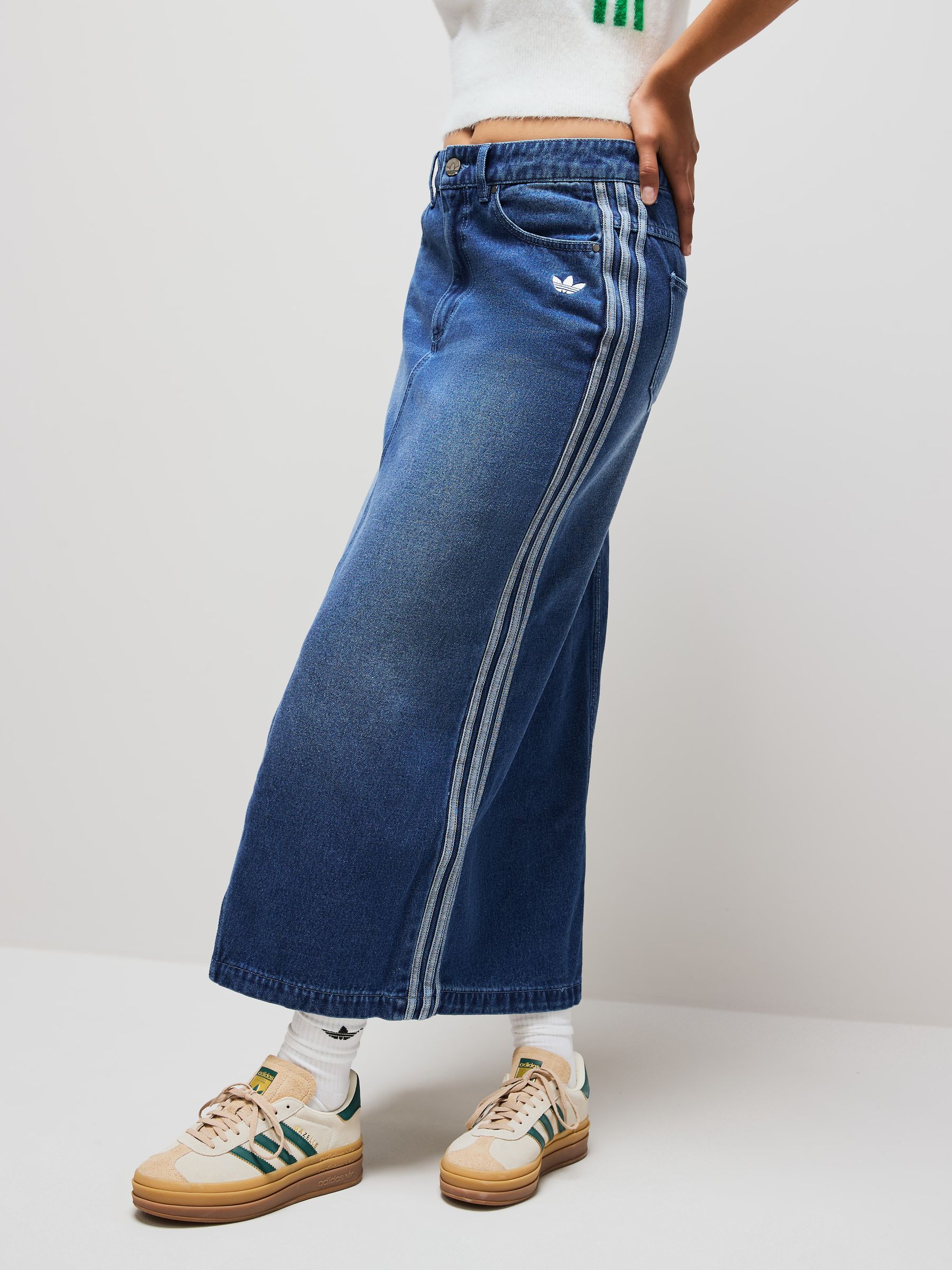 Buy adidas Originals Blue Adicolour 3-Stripes Denim Midi Pencil