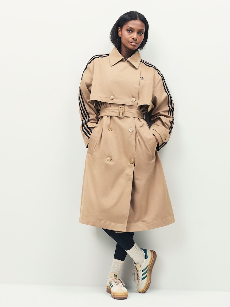 adidas Originals Brown 3-Stripes Twill Trenchcoat - Image 1 of 8