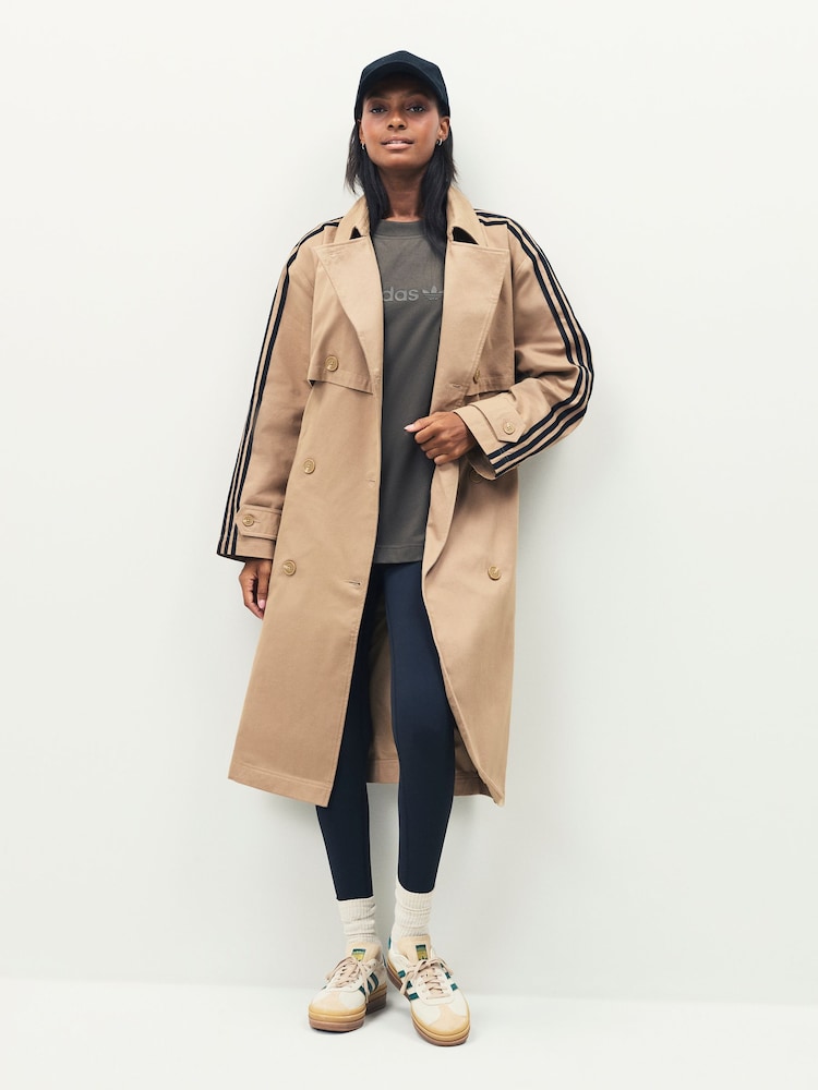 adidas Originals Brown 3-Stripes Twill Trenchcoat - Image 2 of 8
