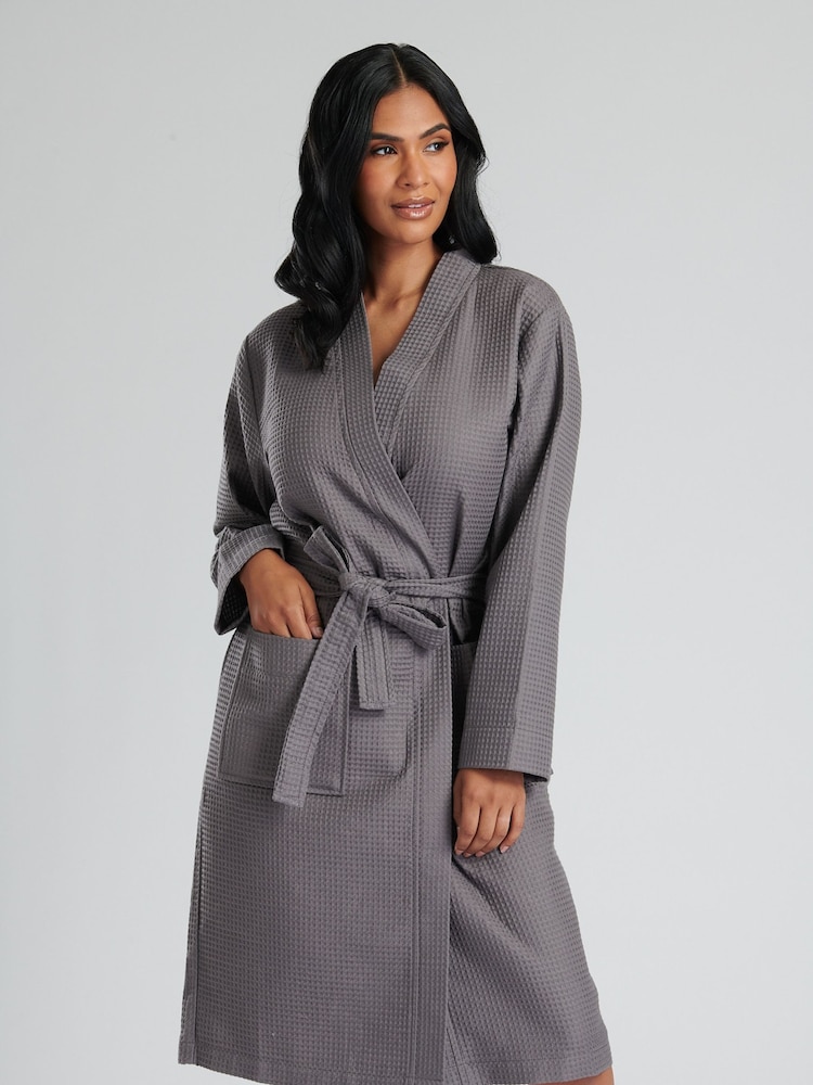 Loungeable Grey 100% Cotton Waffle Robe - Image 4 of 6