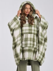 Loungeable Green Check Sherpa Short Poncho - Image 5 of 6