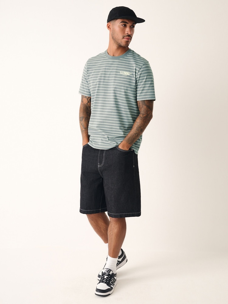 Grey Graphic Print Relaxed Fit Stripe Heavyweight 100% Cotton T-Shirt - Image 1 of 10