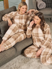 Loungeable Brown Taupe Check Print Sherpa Twosie - Image 1 of 6