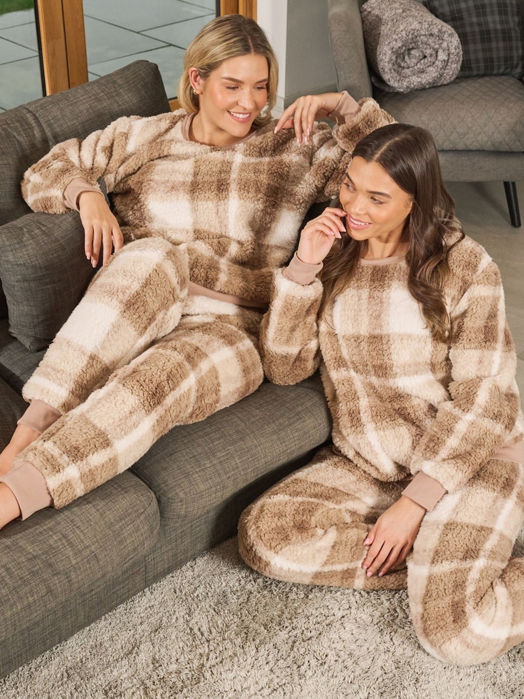 Loungeable Brown Taupe Check Print Sherpa Twosie - Image 1 of 6