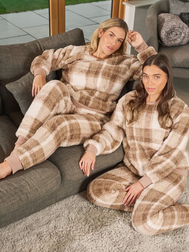 Loungeable Brown Taupe Check Print Sherpa Twosie - Image 2 of 6