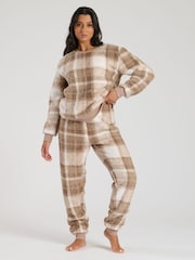 Loungeable Brown Taupe Check Print Sherpa Twosie - Image 4 of 6