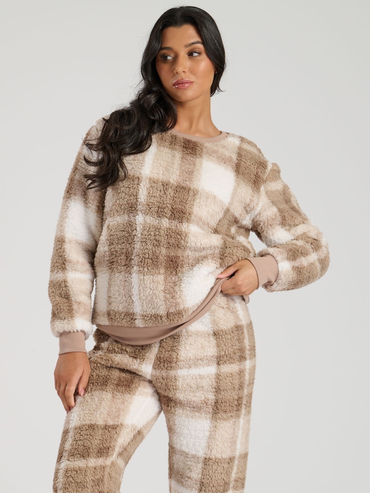 Loungeable Brown Taupe Check Print Sherpa Twosie - Image 6 of 6