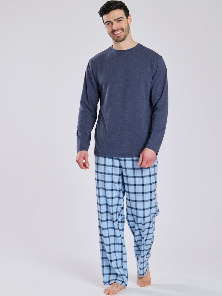 Loungeable Blue Jersey Top With Brushed Check Pants Pyjama Set - Image 1 of 5
