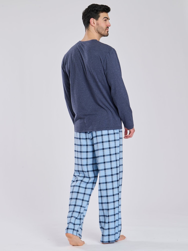 Loungeable Blue Jersey Top With Brushed Check Pants Pyjama Set - Image 2 of 5