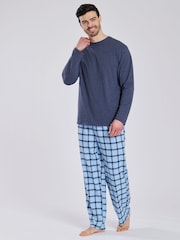 Loungeable Blue Jersey Top With Brushed Check Pants Pyjama Set - Image 3 of 5