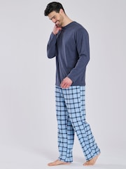 Loungeable Blue Jersey Top With Brushed Check Pants Pyjama Set - Image 4 of 5