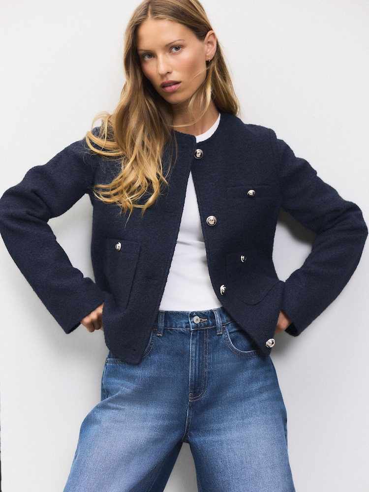 Navy Collarless Button Through Coatigan - Image 1 of 8 Navy Collarless Button Through Coatigan - Image 1 of 8