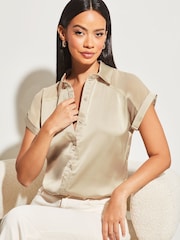 Lipsy Gold Satin Shorts Sleeve Button Through Shirt - Image 1 of 4