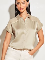 Lipsy Gold Satin Shorts Sleeve Button Through Shirt - Image 2 of 4