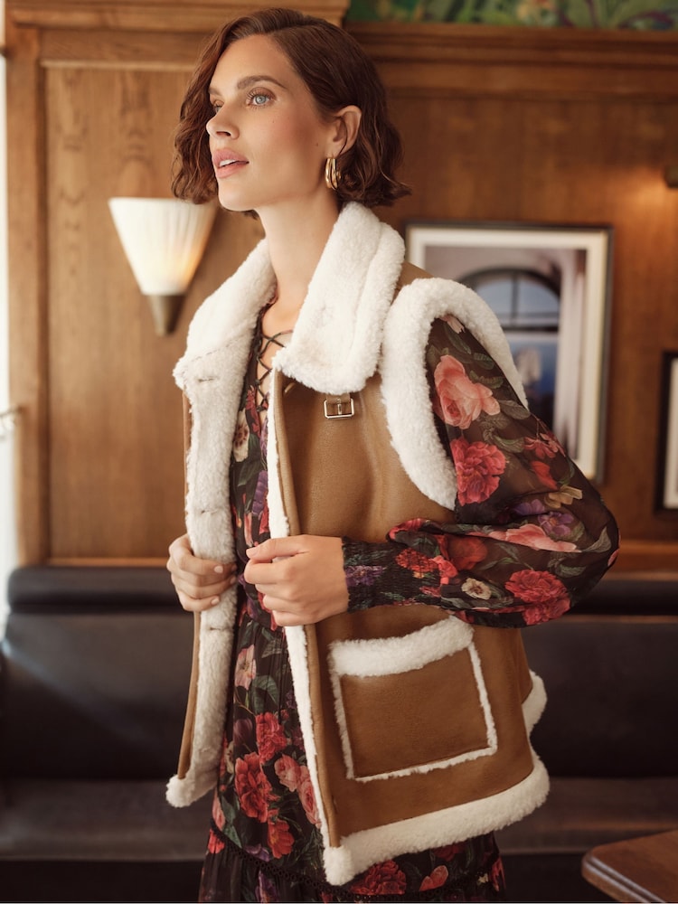 Love & Roses Brown Faux Suede and Shearling Gilet - Image 1 of 5