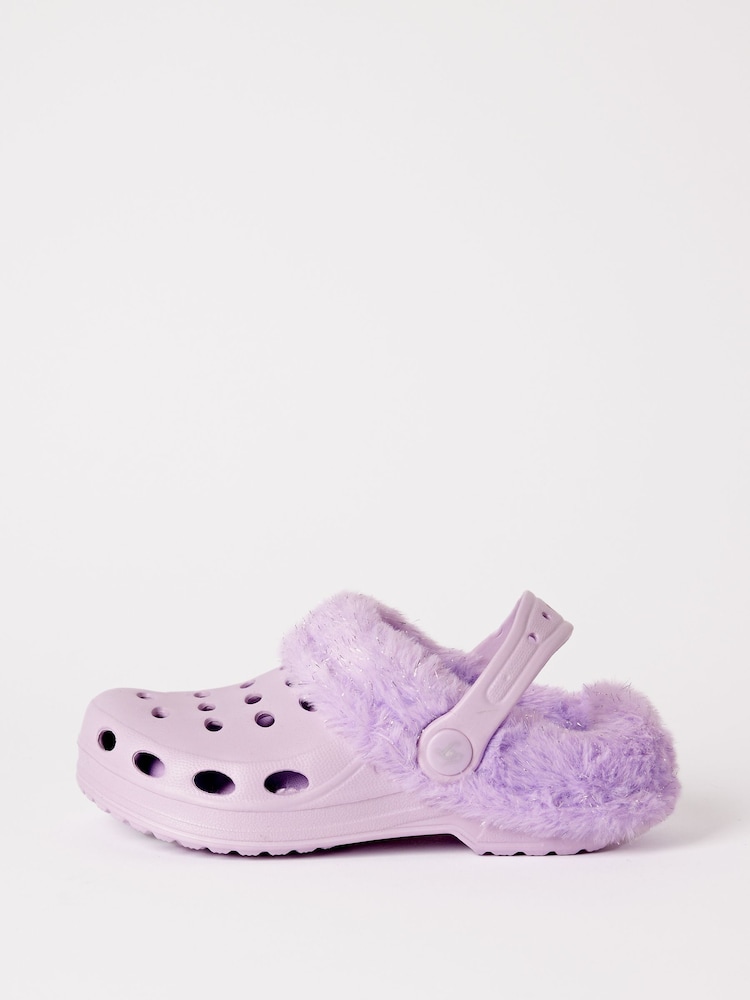 Lipsy Purple Fleece Lined Faux Fur Slip On Clog Slippers - Image 2 of 4