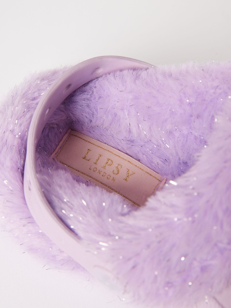 Lipsy Purple Fleece Lined Faux Fur Slip On Clog Slippers - Image 4 of 4