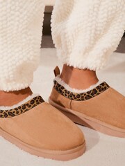 Lipsy Brown Leopard Print Mule Clog Faux Fur Suede Lined Flatform Slippers - Image 2 of 4