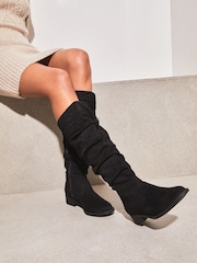 Lipsy Black Wide Fit Suedette Ruched Knee High Boots - Image 2 of 5