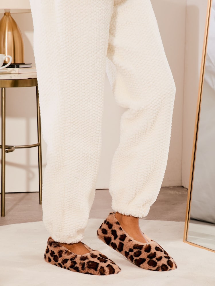 Lipsy Animal Leopard Print Faux Fur Bow Ballerina Slippers - Image 2 of 4